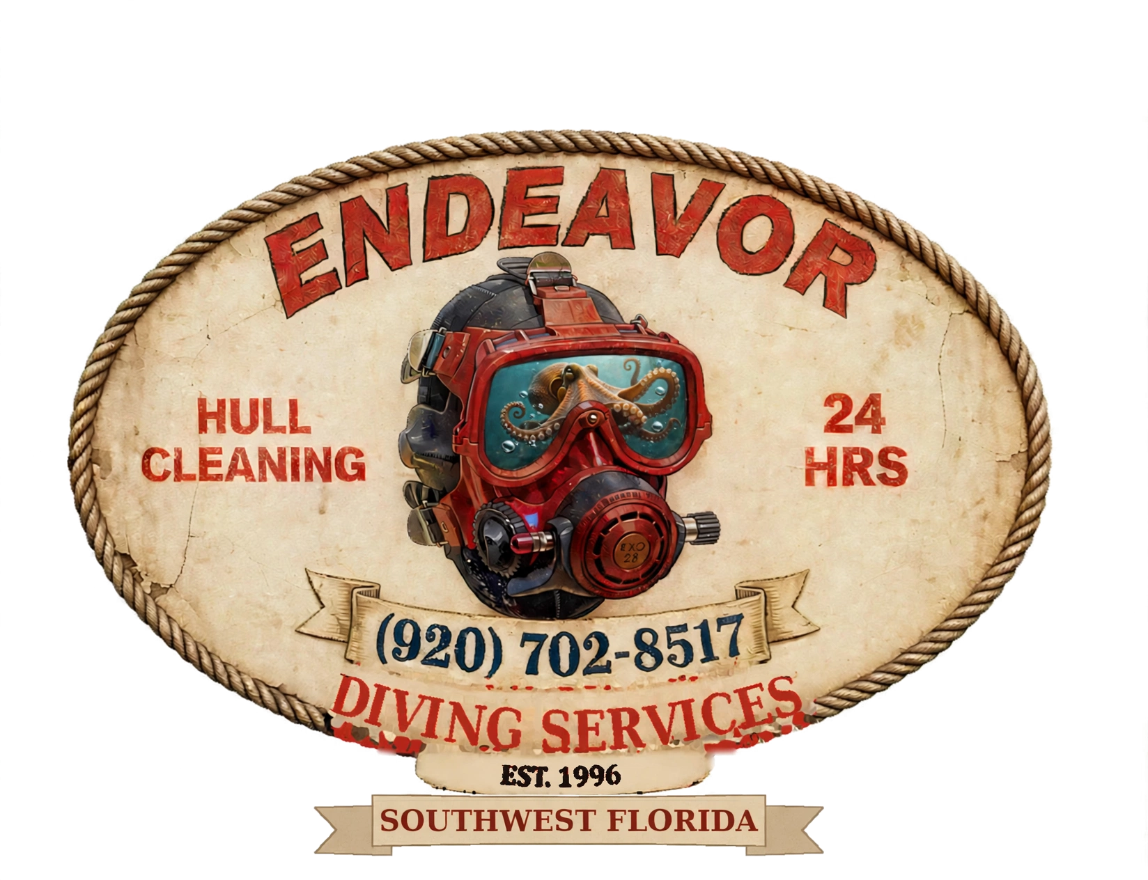 Endeavor Diving Services — hull cleaning, 24-hour service, established 1996, phone 920-702-8517, Southwest Florida
