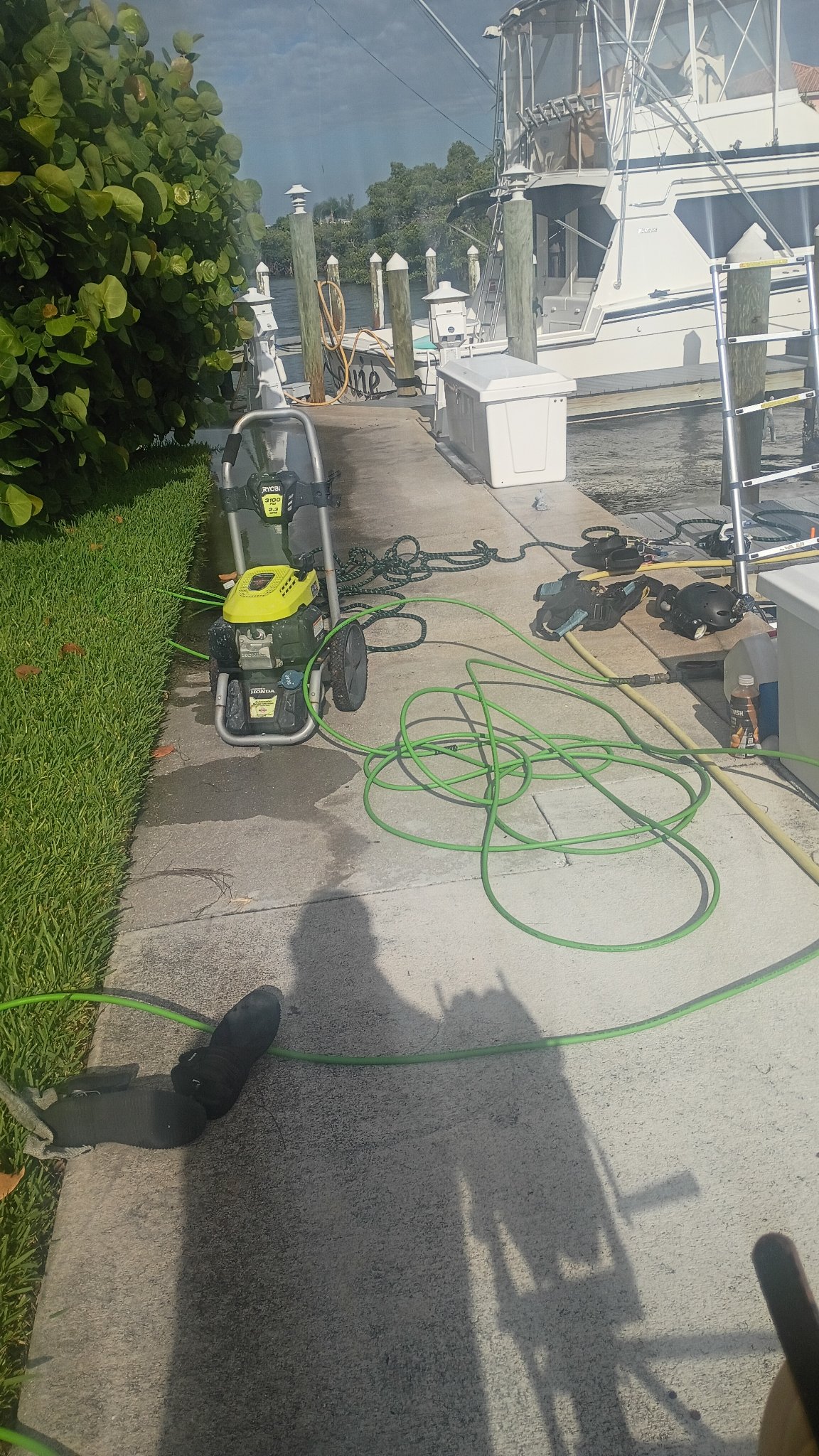 Yellow dive lines routed across an outdoor work area